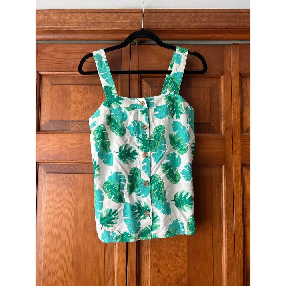 J. Crew Women's Linen-Blend Sleeveless Square Tank Top in Palm Print Size XXS